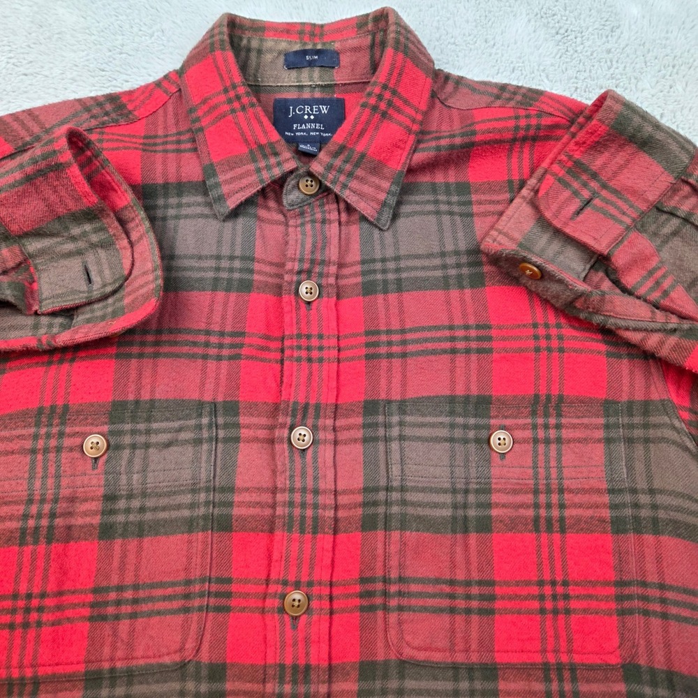 J.Crew Flannel‎ Mens Small Red Brown Plaid Slim Fit Button Down Shirt